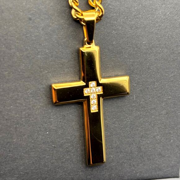 Blackjack BJP48G Mens 18K Gold Plated Stainless Steel Cross Necklace with CZ NWT - Picture 11 of 15